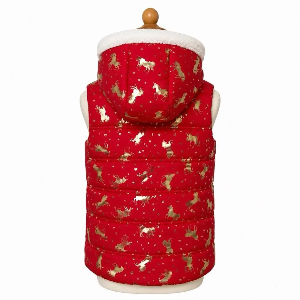 Isaac Mizrahi Girls Quilted Hooded Vest Red Metallic Unicorns Med 7-8 Faux Fur